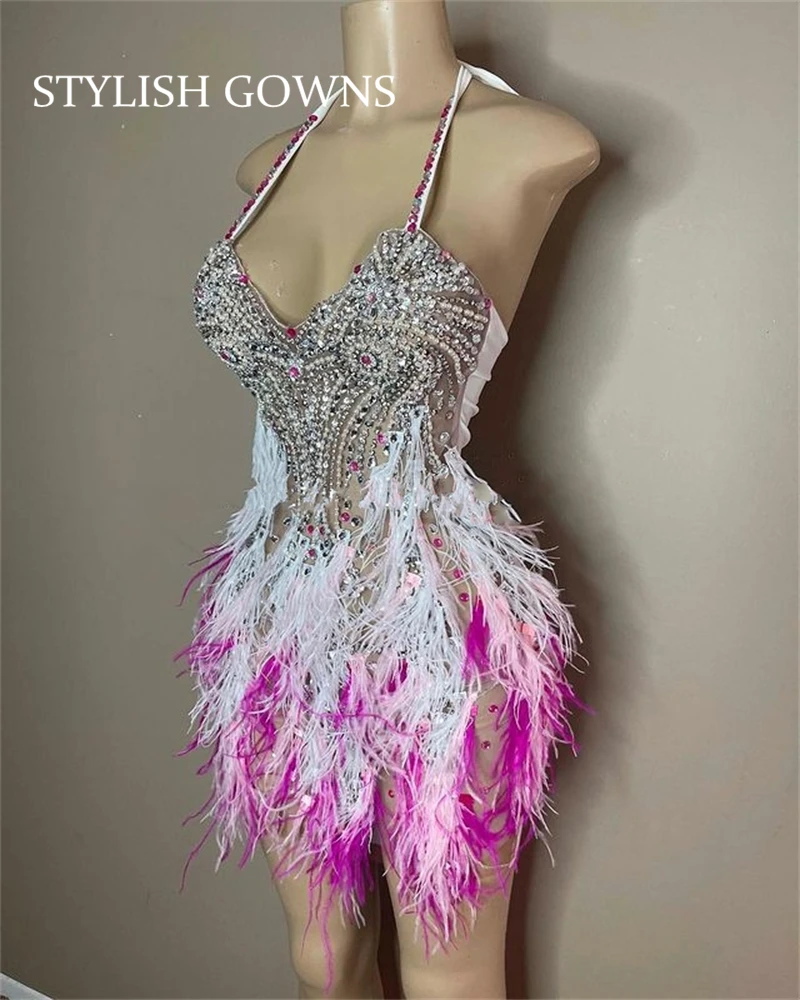 Luxe Kleurrijke Halter Korte Prom Jurken Voor Zwarte Meisjes 2022 Kralen Crystal Mini Cocktail Jurk Veren Homecoming Mermaid