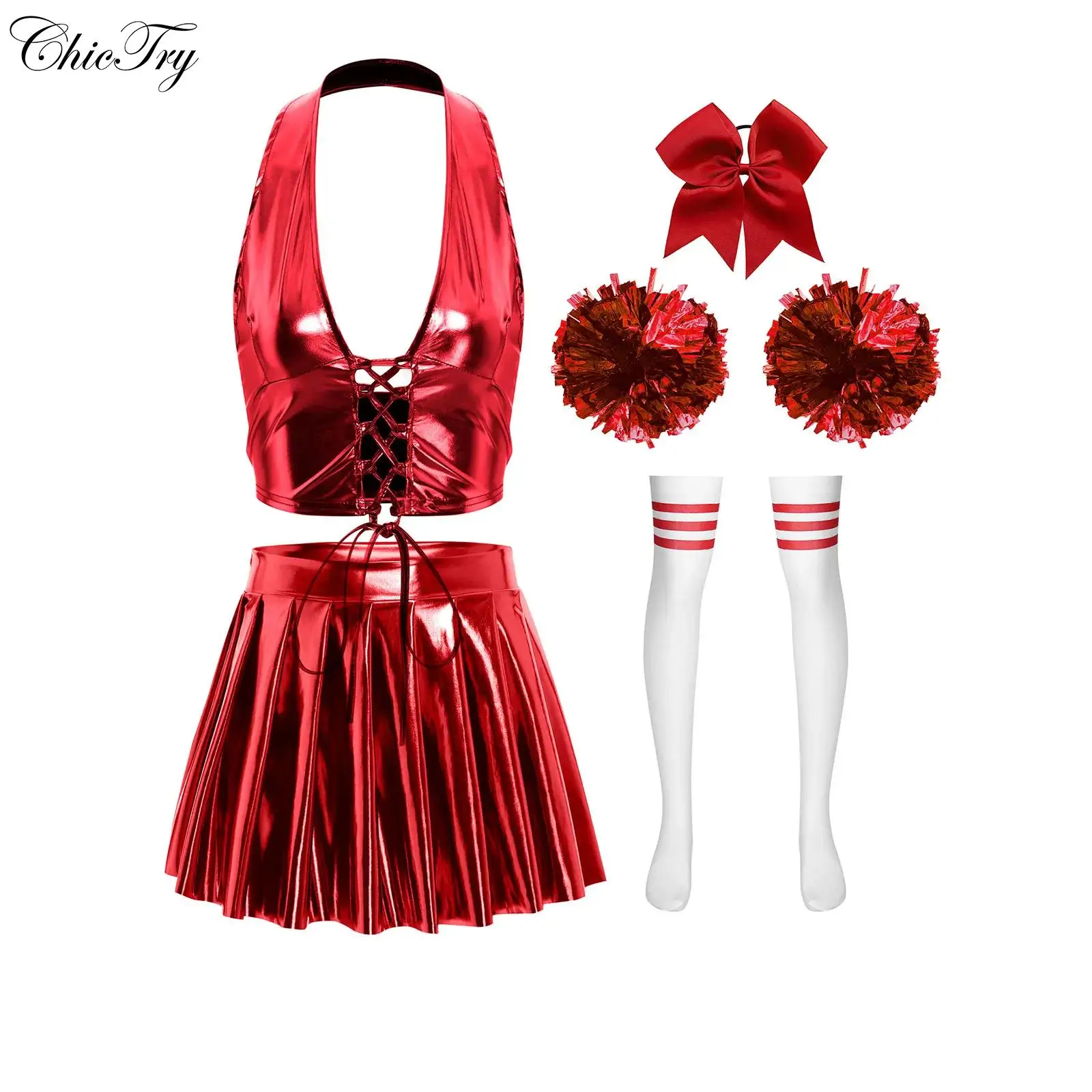 Uniforme de porristas para mujer, traje de baile, Top corto con cuello Halter, minifalda plisada, lazo para el pelo, 1 par de bolas y medias de flores