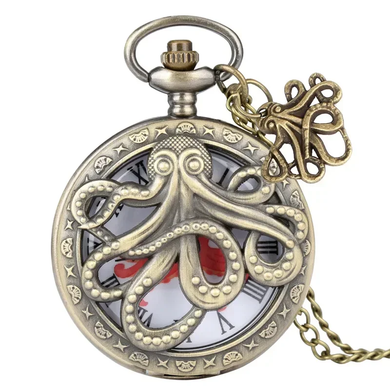 Bronze Hollow Out Octopus Cover Half Hunter Antique Timepiece Unisex Quartz Pocket Watch Men Women Necklace Chain Clock