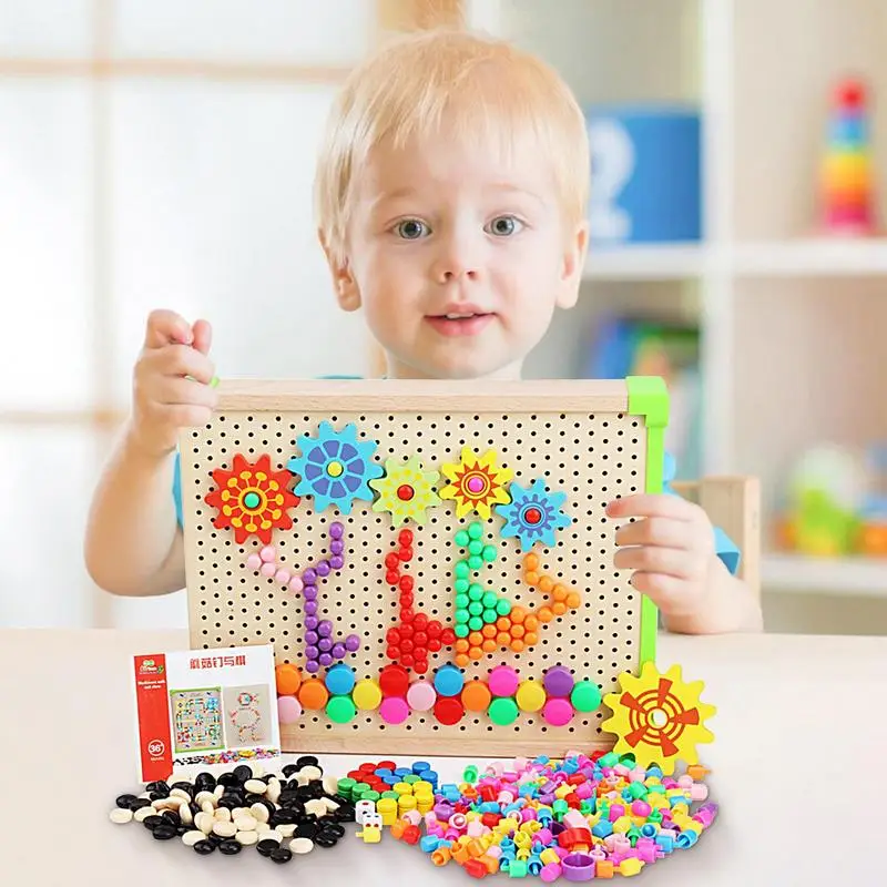 Mosaic Pegboard Toy Wooden Jigsaw Toy Montessori Building Bricks Pre-Kindergarten Color Matching Toys For Hand-Eye Coordination