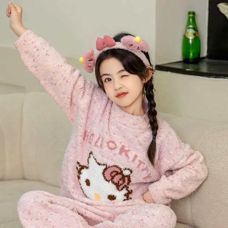 Hello Kitty Sanrio Hot Girl Pajamas Cinnamoroll Kawaii Child Casual Clothing Flannel Suit New for Autumn and Winter Cartoon Gift