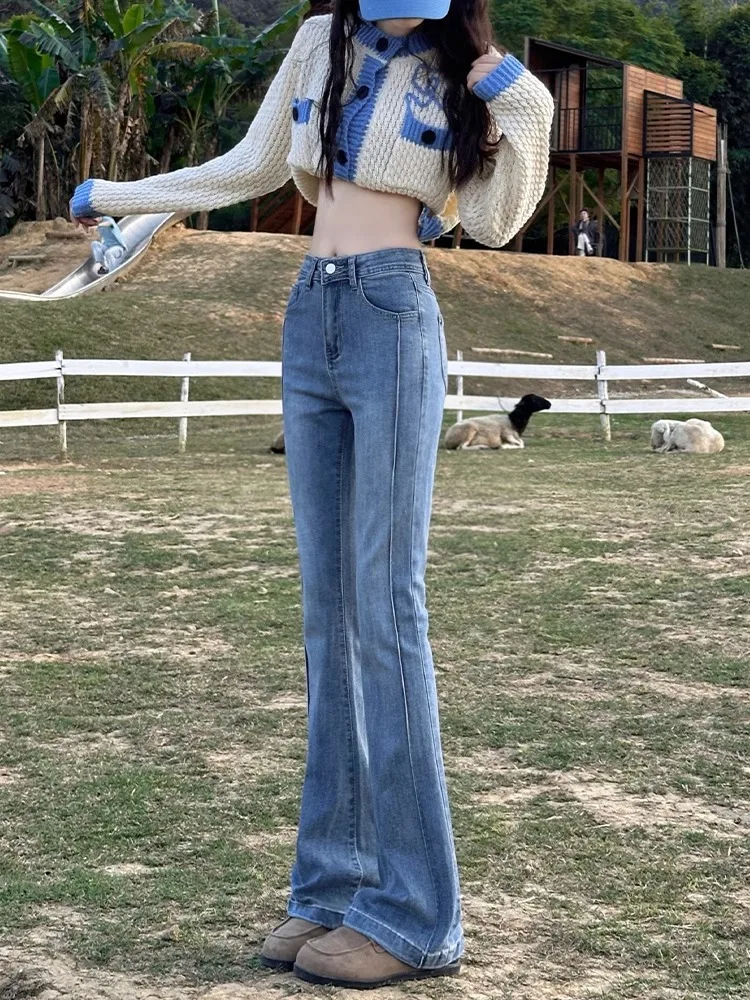Retro Blue High Waist Slimming Micro Flared Denim Jeans Women's Spring Autumn New Style Cotton Stretchy Bootcut Pants