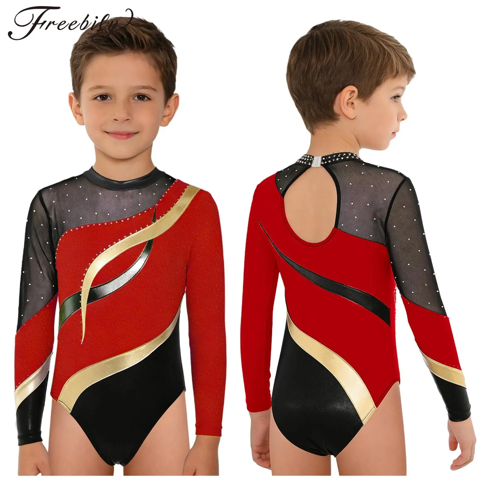 

Детский гимнастический купальник для мальчиков с длинным рукавом, блестящий, с металлическим эффектом, стразами и сеткой, для фигурного катания, балета, акробатики, танцев