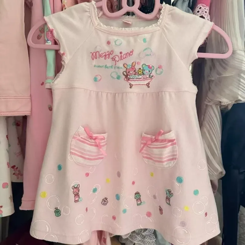 

Japanese Kawaii Pink Sundress Retro Subculture Cute Cartoon Printed Dress Bow Stitching Sweet Skirt Women's Cute Mini Dresses