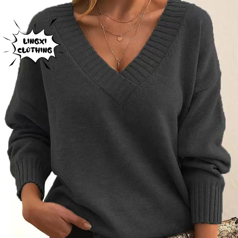 2023 Autumn and Winter New Women\'s Knitted Pullover Large Size Loose V-neck Elegant Fashion Warm Casual Warm Top Sweater Jumper