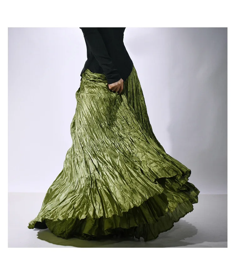 High Quality Women Spring Long Skirts Wide Hem Pleated Design High Waist A-Line Dance Maxi Skirts Faldas Femme Streetwear