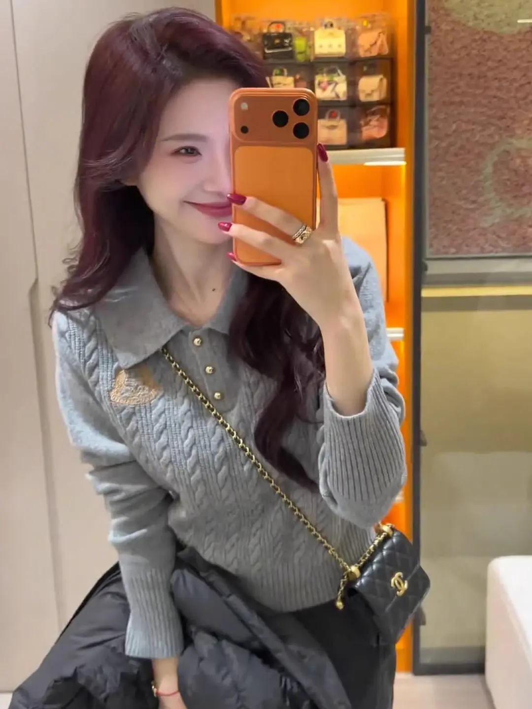 

Серая вязаная базовая рубашка с вышивкой, женская приталенная короткая повседневная кофта в корейском стиле с длинным рукавом, термо, для ежедневной носки