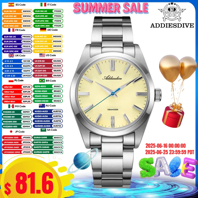 

ADDIESDIVE 36 мм мужские часы Reloj Hombre 10 бар для дайвинга синтетический сапфир VH31 механизм кварцевые часы из нержавеющей стали 316L