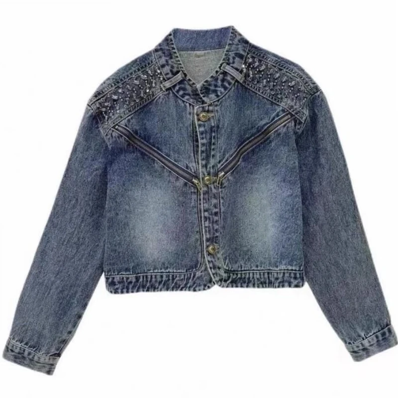 Denim Cropped Jackets Women Diamond Long Sleeve Tops Trend Zipper Jean Jacket Bomber Coat Y2k Streetwear Casual Loose Coats