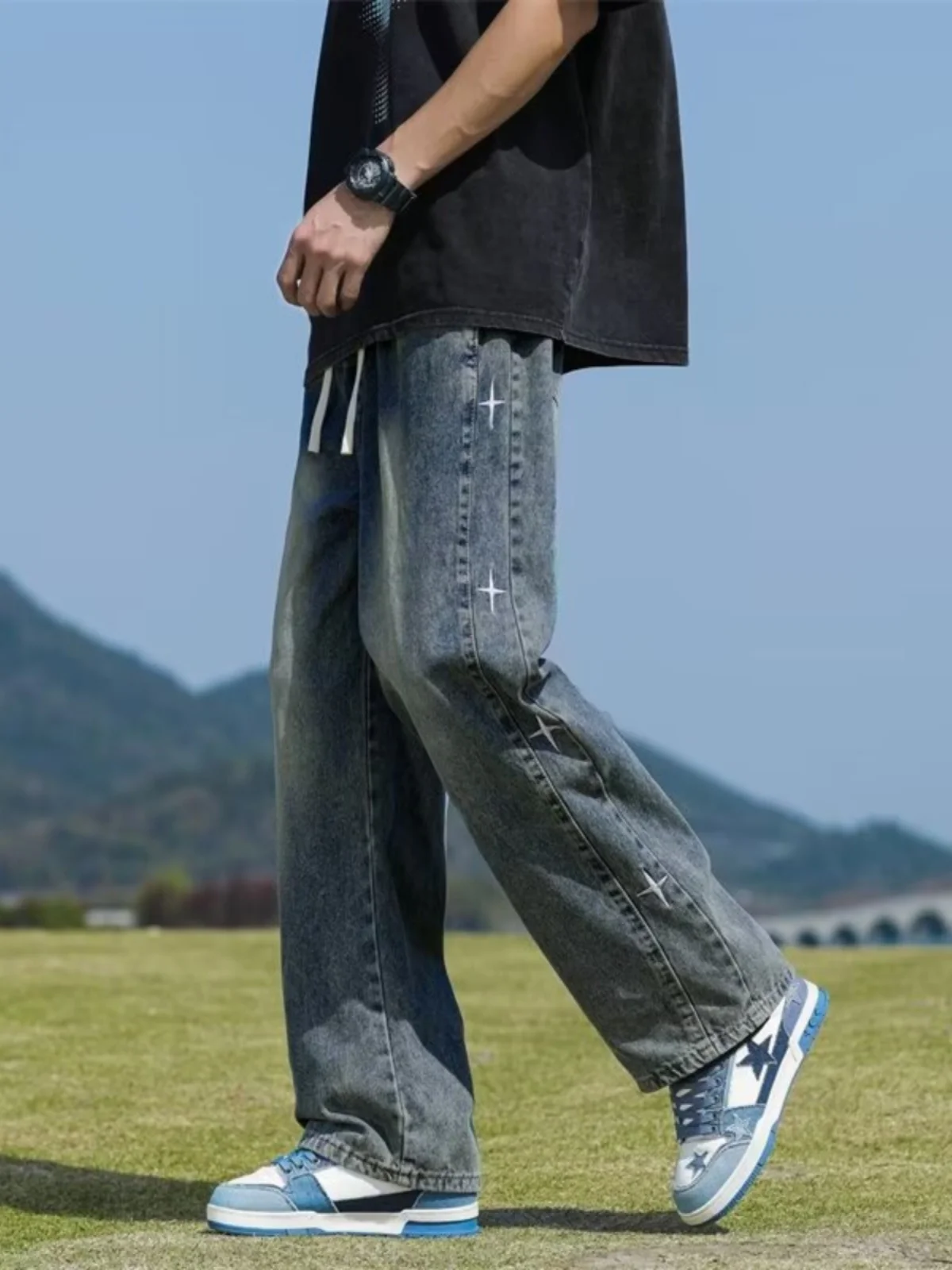 

American Retro Men's Jeans Loose Straight Leg Elastic Waist Spring Autumn New Trendy Brand Versatile Wide Leg Casual Long Pants