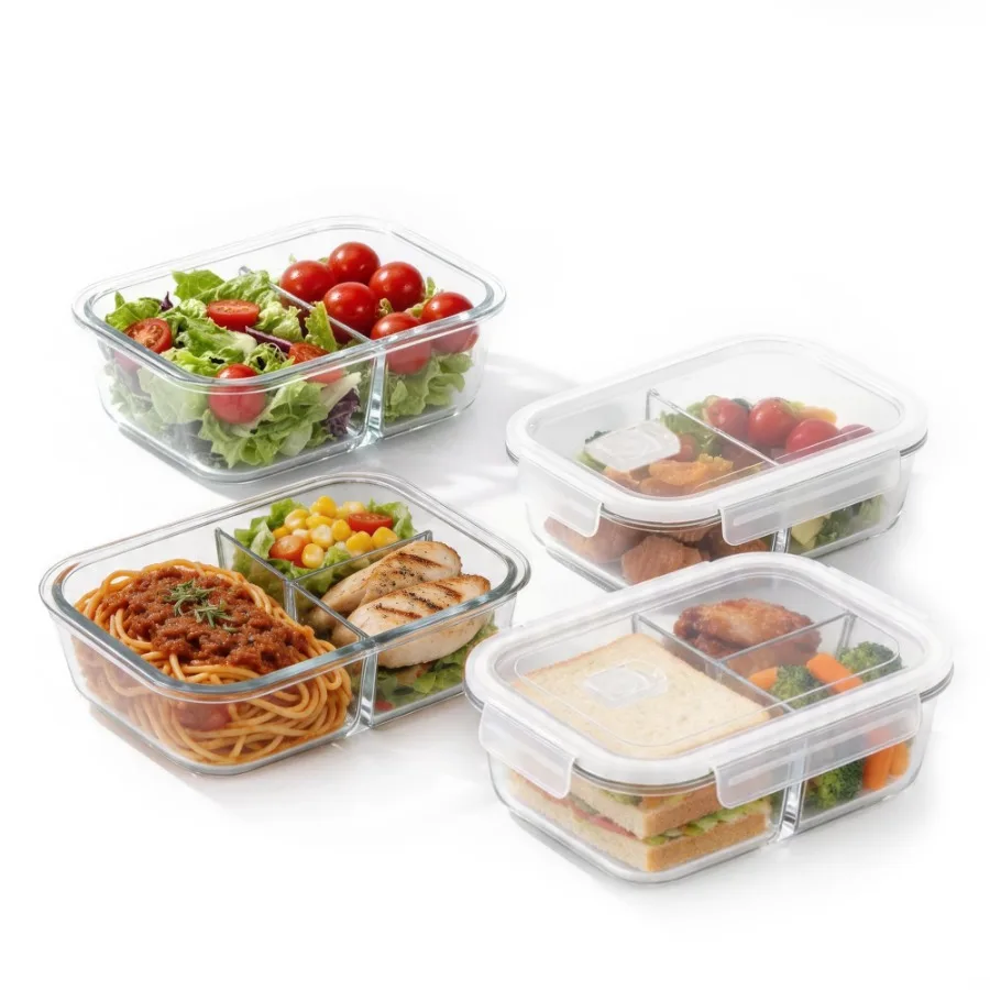

Glass Food Storage Containers with Dividers, 4 Pack Meal Prep Containers with Lids, Leak-Proof Lunch Boxes with Compartments, G