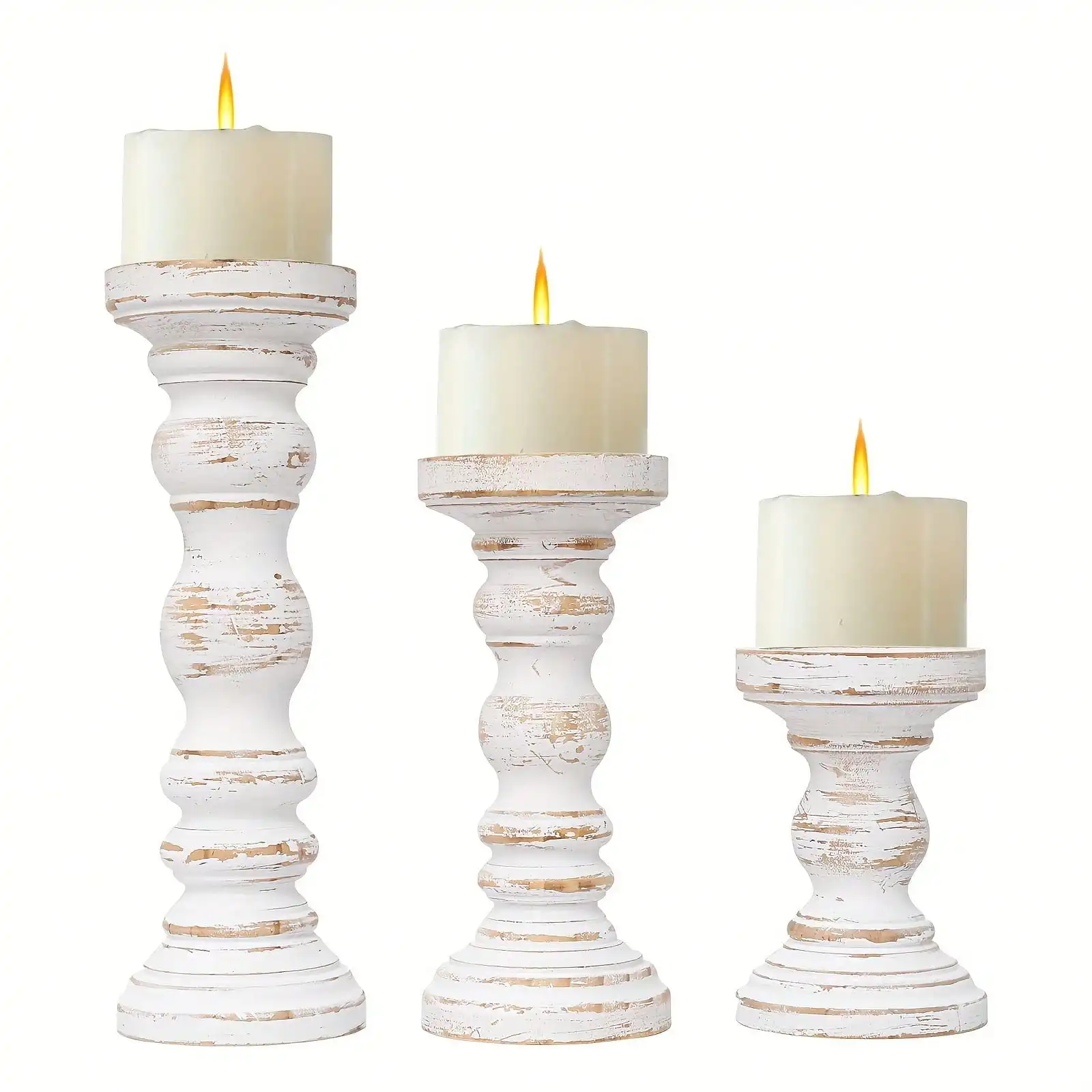 Large Candle Holders For Pillar Candles - Rustic Farmhouse Style Home Decor - Perfect For Table Centerpieces, Coffee Table Or Fireplace Mantel - 3pcs Set - White