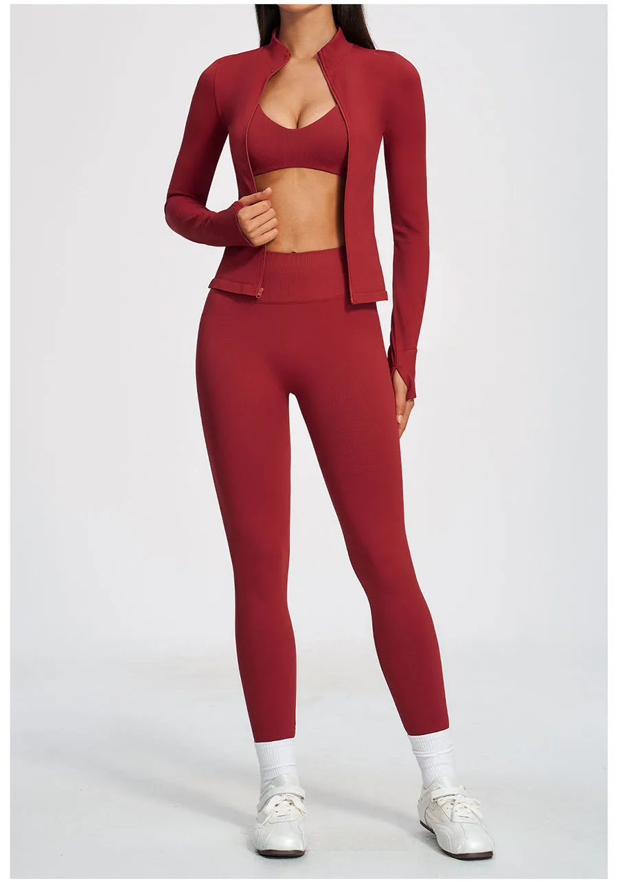 Nahtloses Yoga-Set 3-teilig, Sportbekleidung für Damen, Langarm-Trainingsanzug, Fitness-Set, Sport-BH, Leggings, Sportanzug – Detail 10