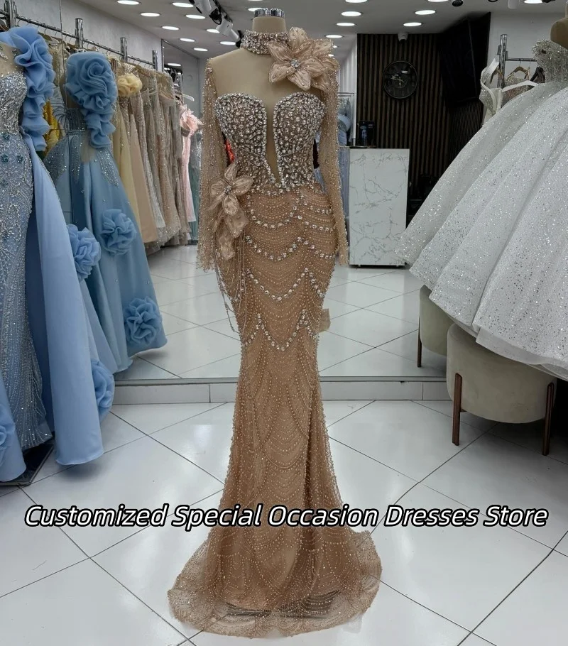 فساتين سهرة مخصصة من الكريستال الشامبانيا للنساء رائعة مصنوعة يدويًا من الزهور لحفلات الزفاف فستان طويل حورية البحر للحفلات الراقصة