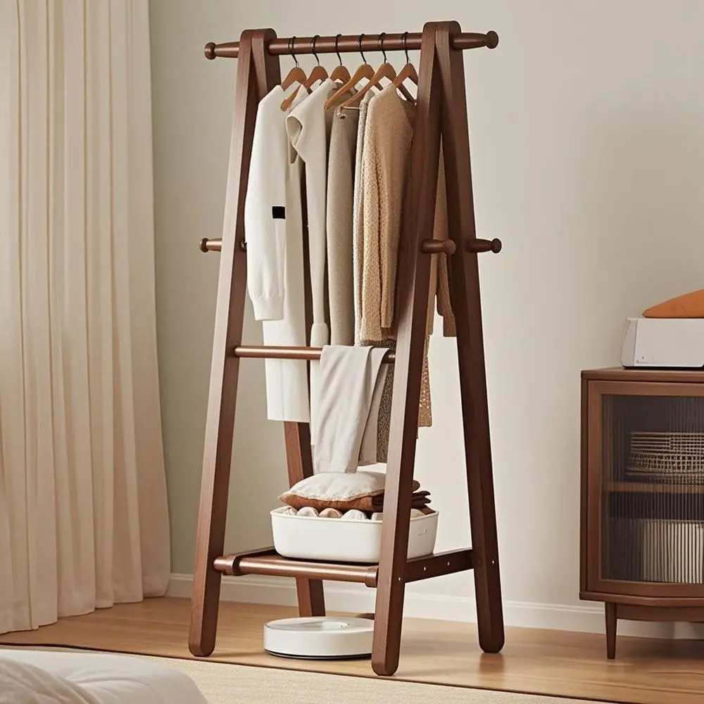 

Large Collapsible Garment Rack with Storage Shelf for Home Organization, Natural Wood, Ideal for Bedroom and Laundry Room