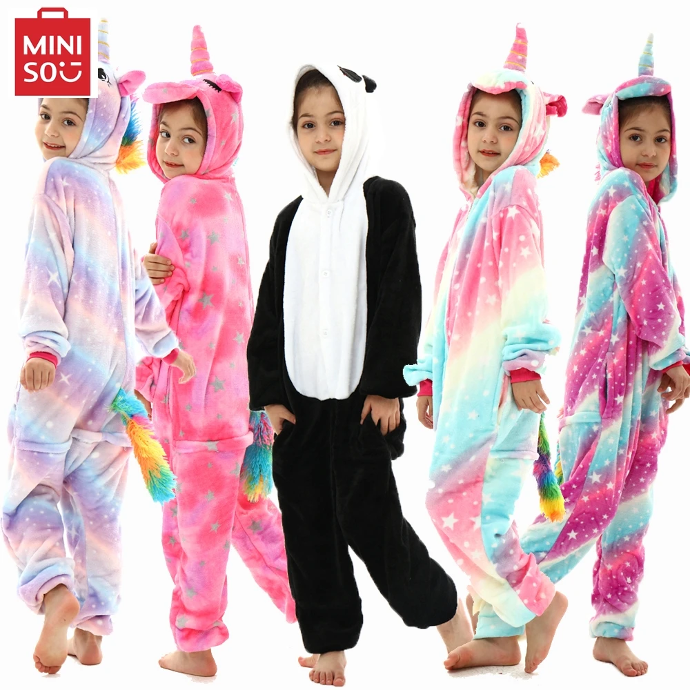 MINISO girls unicorn kigurumi onesies baby panda pajamas kids animal cosplay costume children stitch blanket sleepers jumpsuits