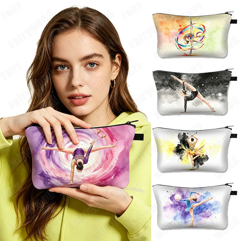 Gymnastics Art Girls Print Cosmetic Case Artistic Gymnastics Gymnast Women Makeup Bag Lipstick Napkin Holder Zipper Pouch