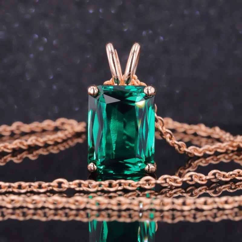 Criss-cross Radiant Cut 12x16mm Lab Emerald Colombia Color 14k Rose Gold Pendant Necklace