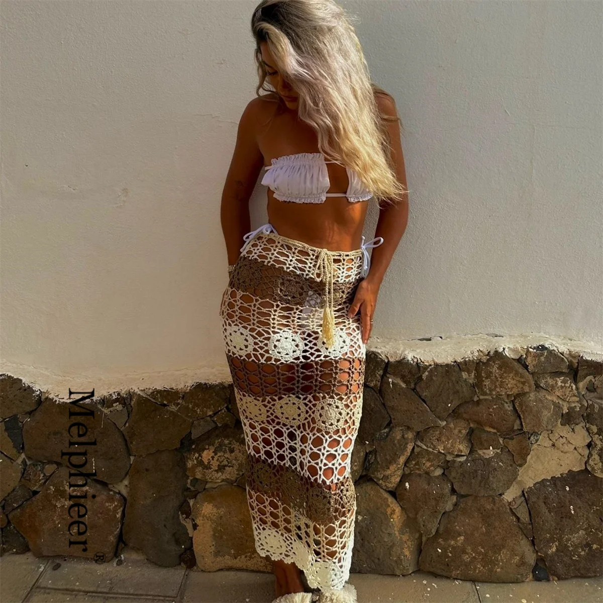 

Melphieer Women's Multi Crochet Maxi Skirt One Size Adjusted Brown and Sand Mix Handmade Beach Club Outfits Swimwear Cover-ups