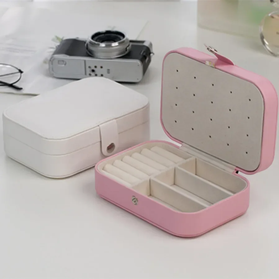 Portable Jewelry Casket Jewelry Organizer Display Travel Jewelry Case Boxes Button Leather Storage Earrings Ring Box