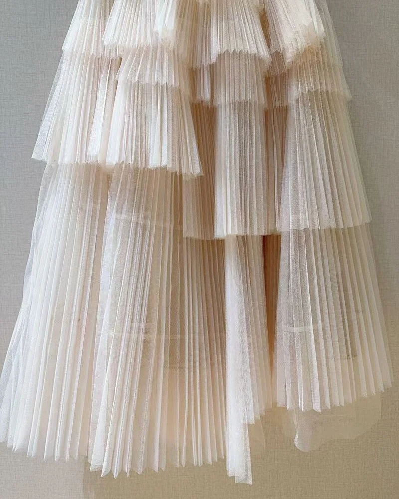 Ballkleid-Röcke 2025, Herbst-Designer-Modekleidung für Damen, kaskadierende Rüschen, sexy, asymmetrisch, Aprikose, schwarz, lange Netzröcke