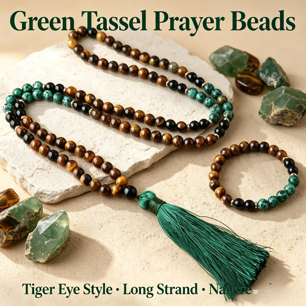 elastic force Bracelet & Tassel Necklace, 108 Bead Mala, Natural Tiger's Eye Beaded Necklace for Men