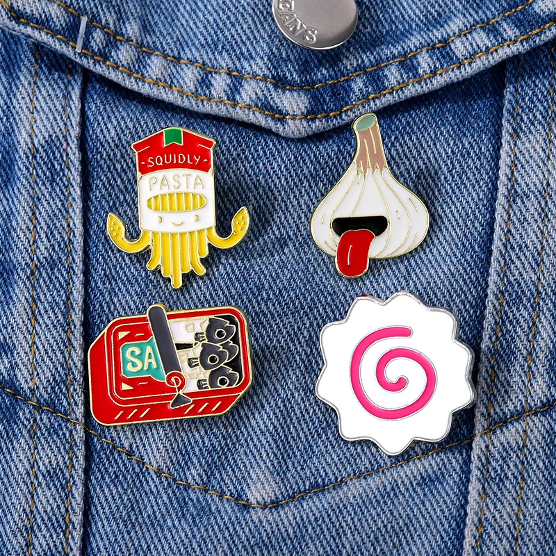 Funny Food Theme Enamel Lapel Pin Set Pasta Garlic Fish Candy Metal Badge Backpack Clothes Decor Brooch Kitchen Lover Gift