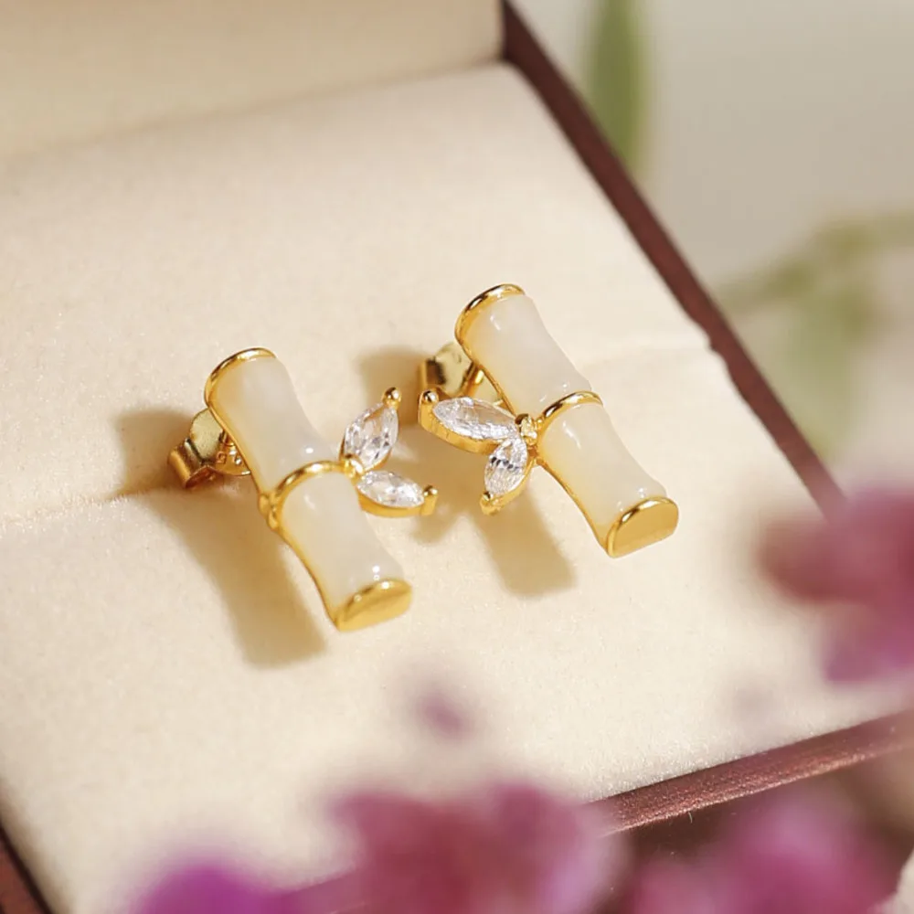 

GL Bamboo Joint Earrings and Hetian Jade Studs - New Chinese Style Accessories for Cheongsam and Hanfu, Girlfriend Gift