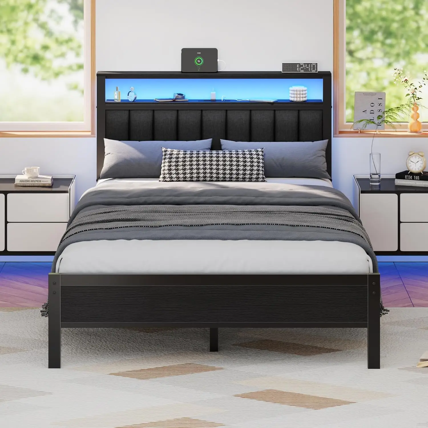 

Full Size Bed Frame with Charging Station and LED Lights, Platform Bed with Metal Slats, Grey Upholstered Headboard wit