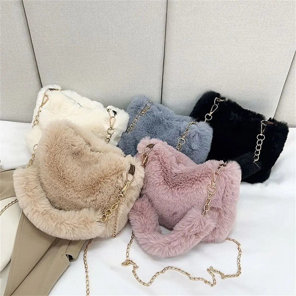 

Fashion Women Fluffy Shoulder Bags Female Winter Chain Underarm Bag Solid Color Handbag Soft Plush Handle Bag
