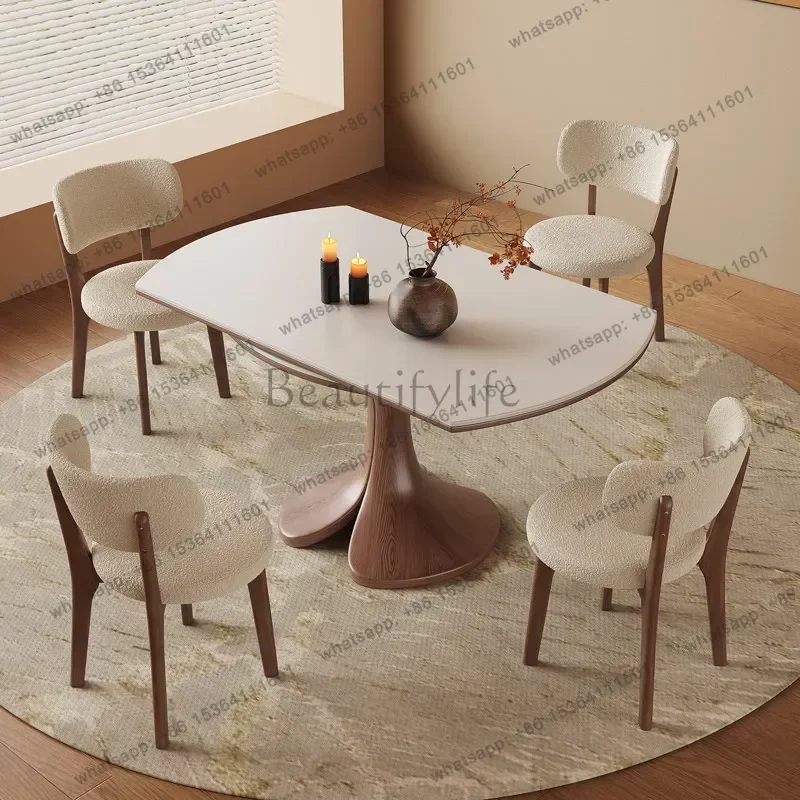Solid wood rock slab dining table retractable household French medium and ancient style high-end square and round dining table