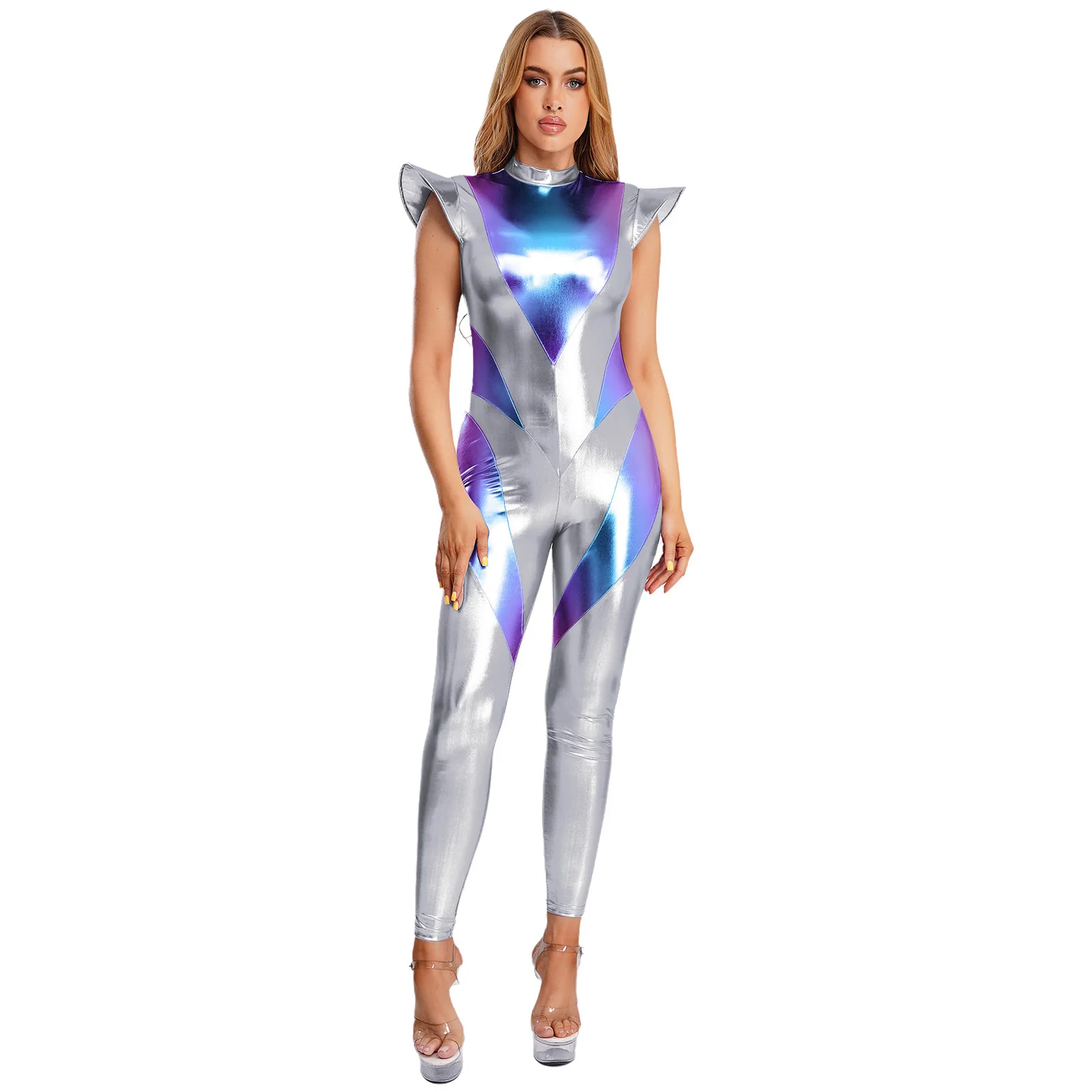

Women Halloween Alien Astronaut Cosplay Unitard Fly Sleeve Leggings Pants Metallic Jumpsuit for Spaced Themed Party Carnival