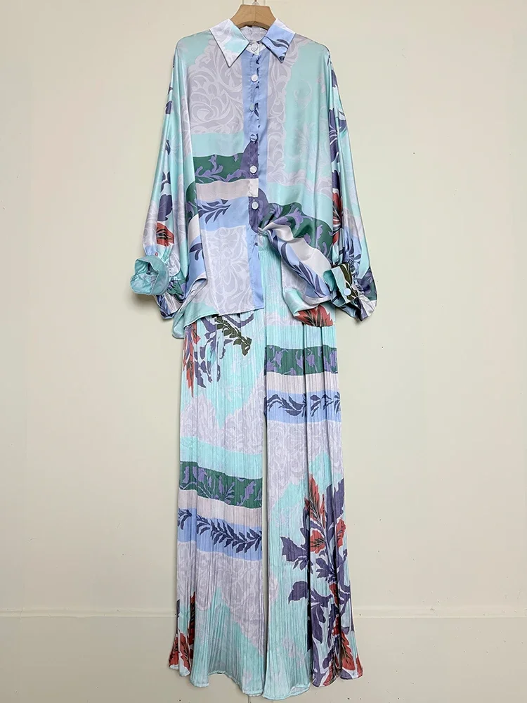 

2025 Autumn Women's Retro Geometric Printed Satin Flip Collar Straight Leg Shirt Two Piece Set+Fluffy Wide Leg Pants Fashion Set