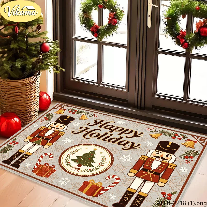 VIKAMA Vintage Christmas Nutcracker Doormat Merry Christmas Soldier Patterned Rug Non Slip Absorbent Cozy Festive Home Decor