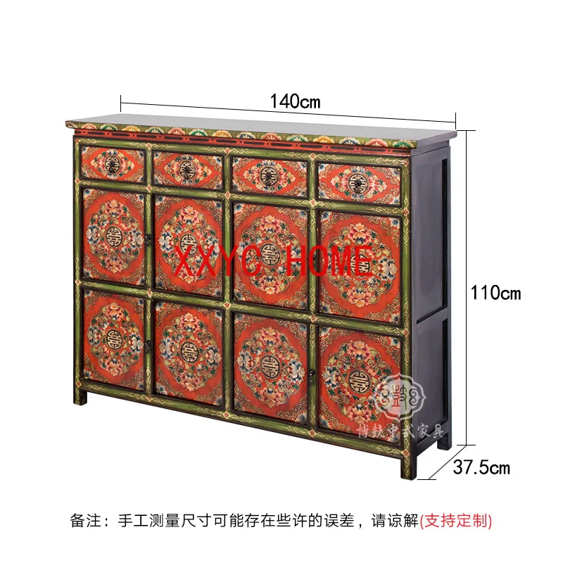 Chinese Retro Handmade Furniture Painted Distressed Four-Door Entrance Foyer Solid Wood Sideboard