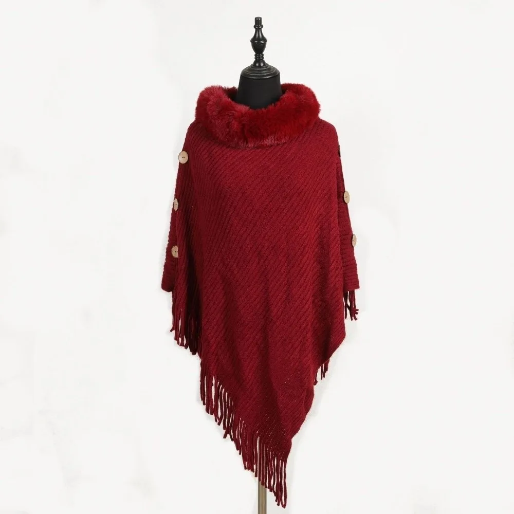 

Модный женский пуловер с мягкой бахромой, шаль средней длины с боковыми пуговицами, вязаная шаль, теплое пальто, пуловер, накидка, зима-осень