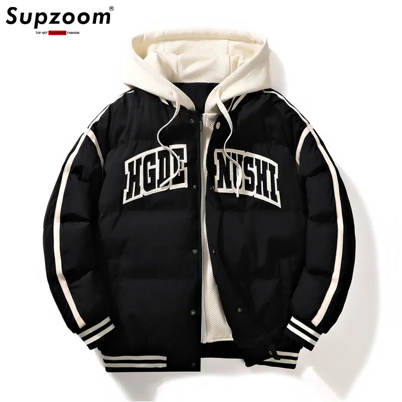 Supzoom New Arrival Casual Embroidery Mens Winter Trendy Fake Two-piece Hooded Bread Suit Couple Cotton-padded Jackets And Coats