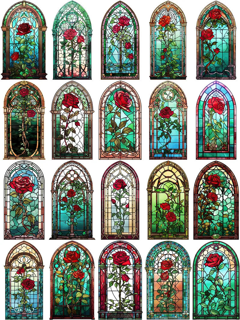 20Pcs/Pack Vintage Red Rose Glass Window Sticker DIY Craft Scrapbooking Album Junk Journal Decorative Stickers