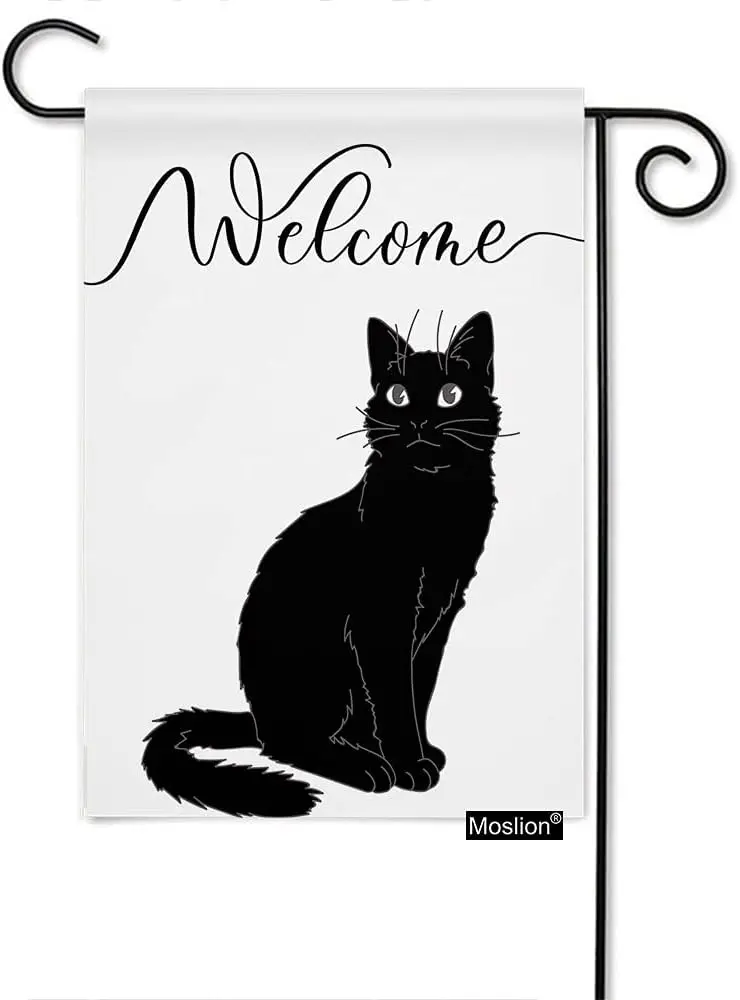 Moslion Black Cat Welcome Garden Flags Double Sided Cute Animal Kitten Sitting on The Ground Yard Flag 12.5x18 Inch Burlap Banne