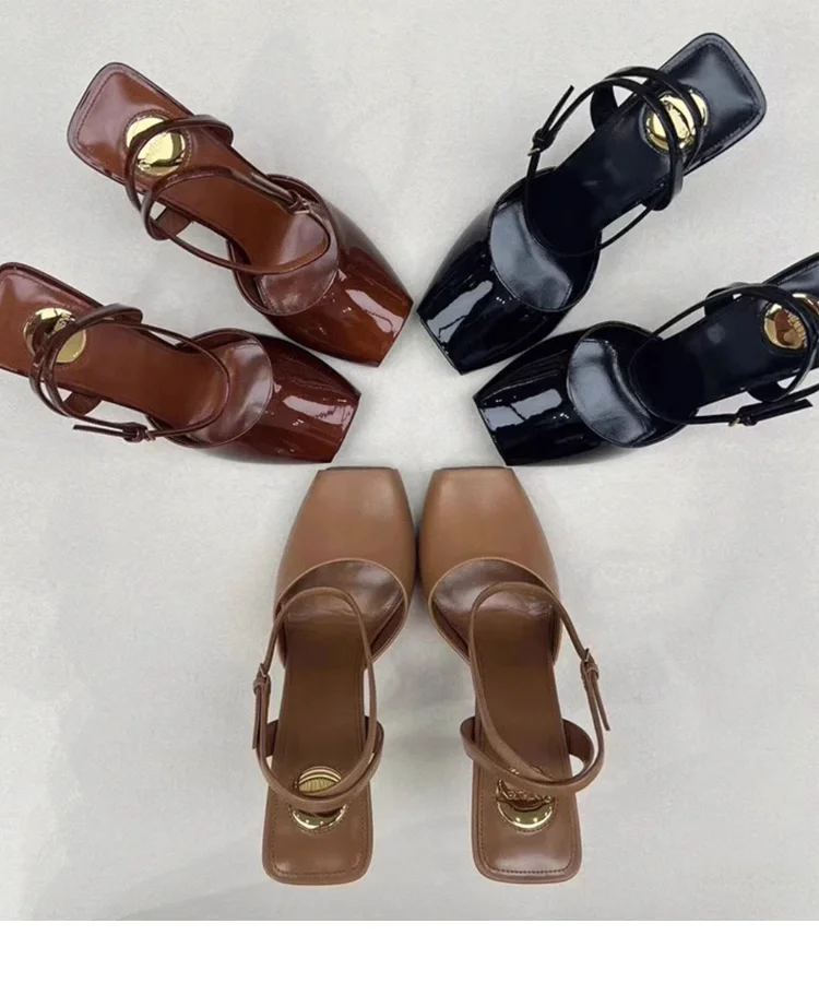 

Women's Patent Leather Square-Toe Peep-Toe Stiletto High-Heel Sandals with Ankle Single-Strap Gold Accent Detail Heels