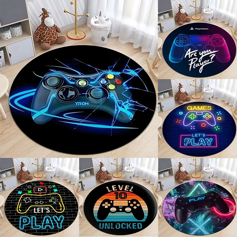 Gaming Console Round Rug Non-Slip Floor Mat for Home Office Living Room Bedroom Machine Washable Round Carpet for Gamers Decor