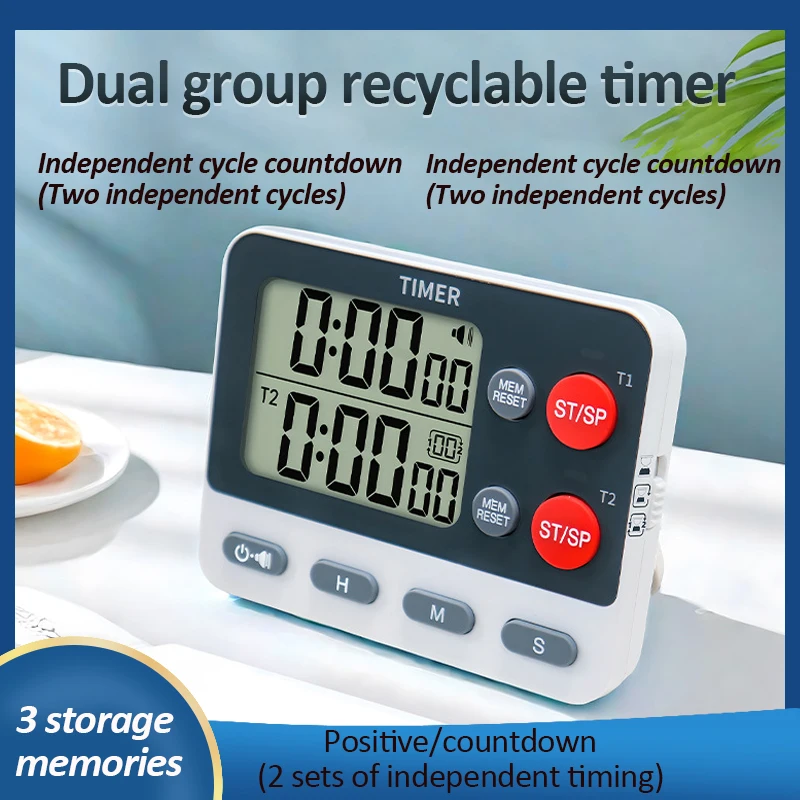 Digital Kitchen Timer Dual groups Independent/Alternating cycle timing Alarm Clock 3 Storage Memories Mute Flashing Study Clock