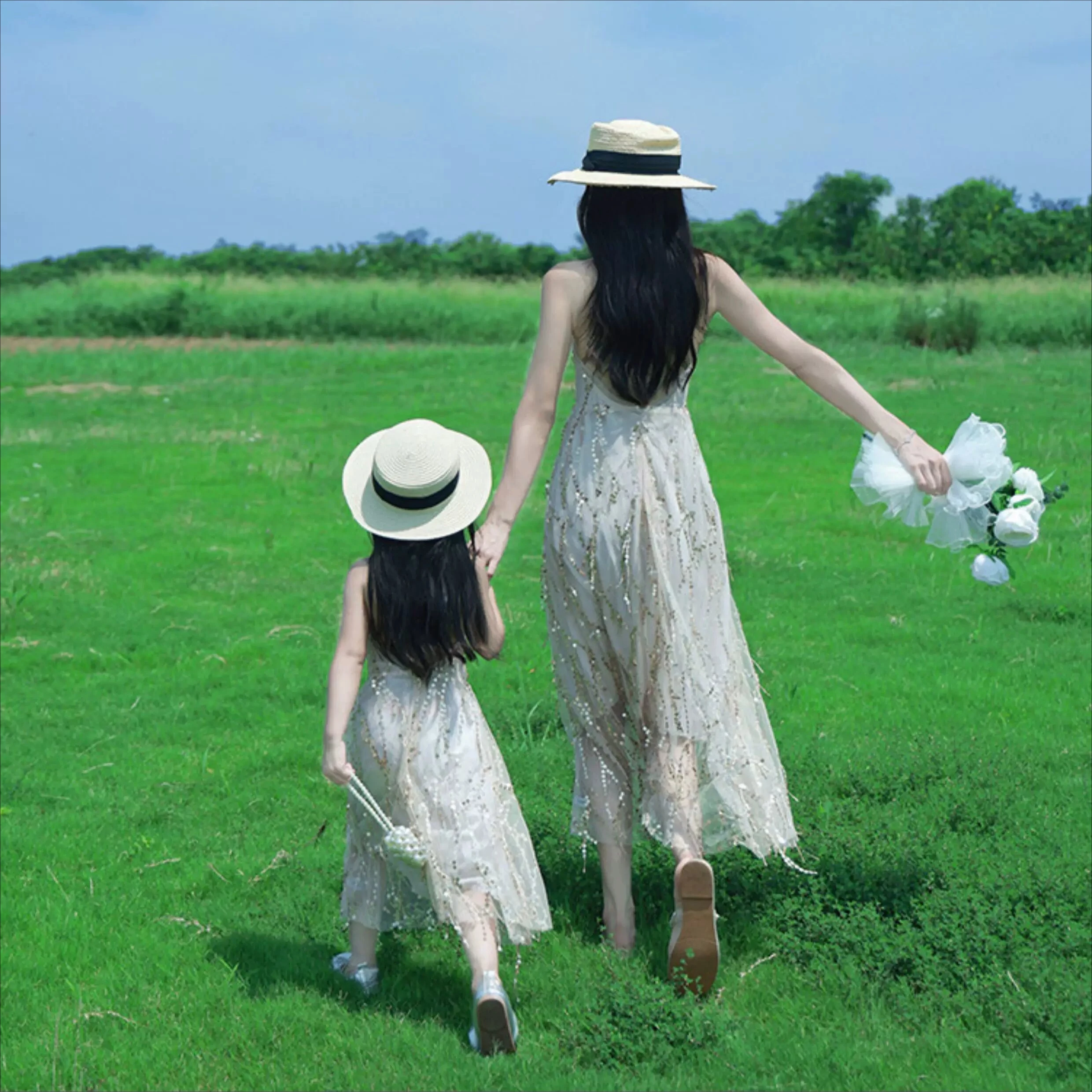 2026 Summer Mom & Me Matching Outfits Sequin Tulle Backless Maxi Dress for Beach Vacation & Party Photoshoot