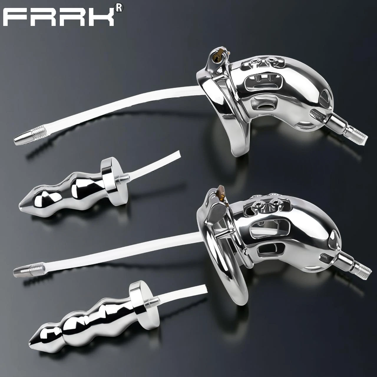 FRRK Curve Cylinder Male Chastity Cage With Metal Anal Plug Silicone Urethral Catheter 2 In 1  Adult Games Sex Toys For Men Gay