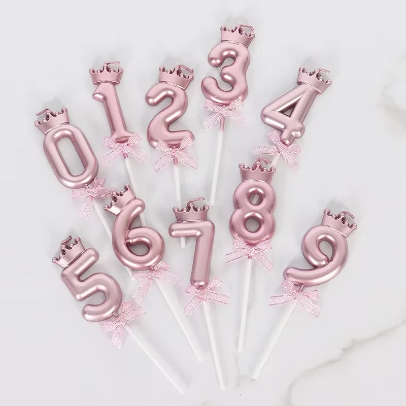 Shiny Metallic Pink Crown Digital Candle Glitter Ribbon Bow Cake Topper DIY Cupcake Decor For Birthday Wedding Party Favors