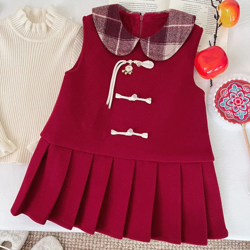 

New Year's New Girls' Winter New Year's Clothes Thickened Tank Top Dress Plus Velvet Pleated Dress