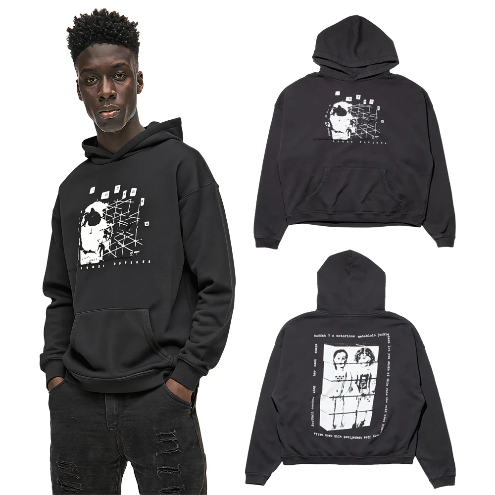 American Y2k Streetwear Street Art Graphic Oversized Hoodies Hiphop Street Style Cotton Distressed Print Casual Pullover Hoodies