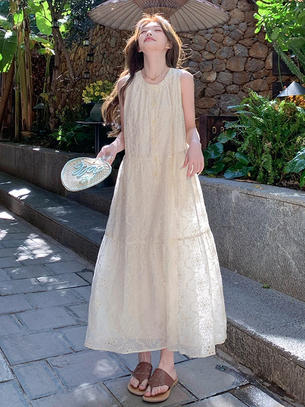 Vestido blanco sin mangas con aberturas, largo midi, estilo francés, cuello redondo, cintura holgada, para mujer