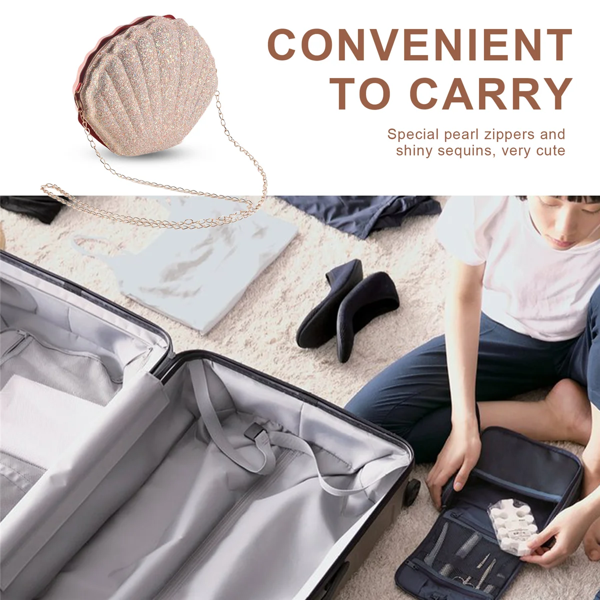 AA26P Monedero de concha de sirenita para mujer y niña, bolsos de hombro cruzados con cadena de lentejuelas brillantes, bolso de noche, rosa