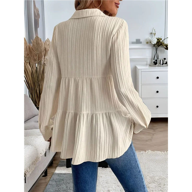 NEW-レディース ボタンダウン ペプラム ブラウス 長袖 襟付き ルーズ フィット シャツ テクスチャード トップ